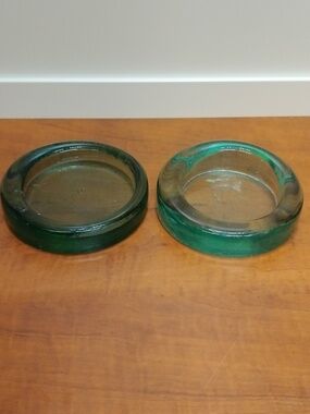 Green Art Glass Round Candle Holder / Trinket Dish Plates Set Of 2